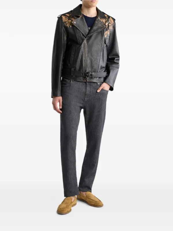 ETRO Leather Biker Jacket With Placed Leopard Print | Black