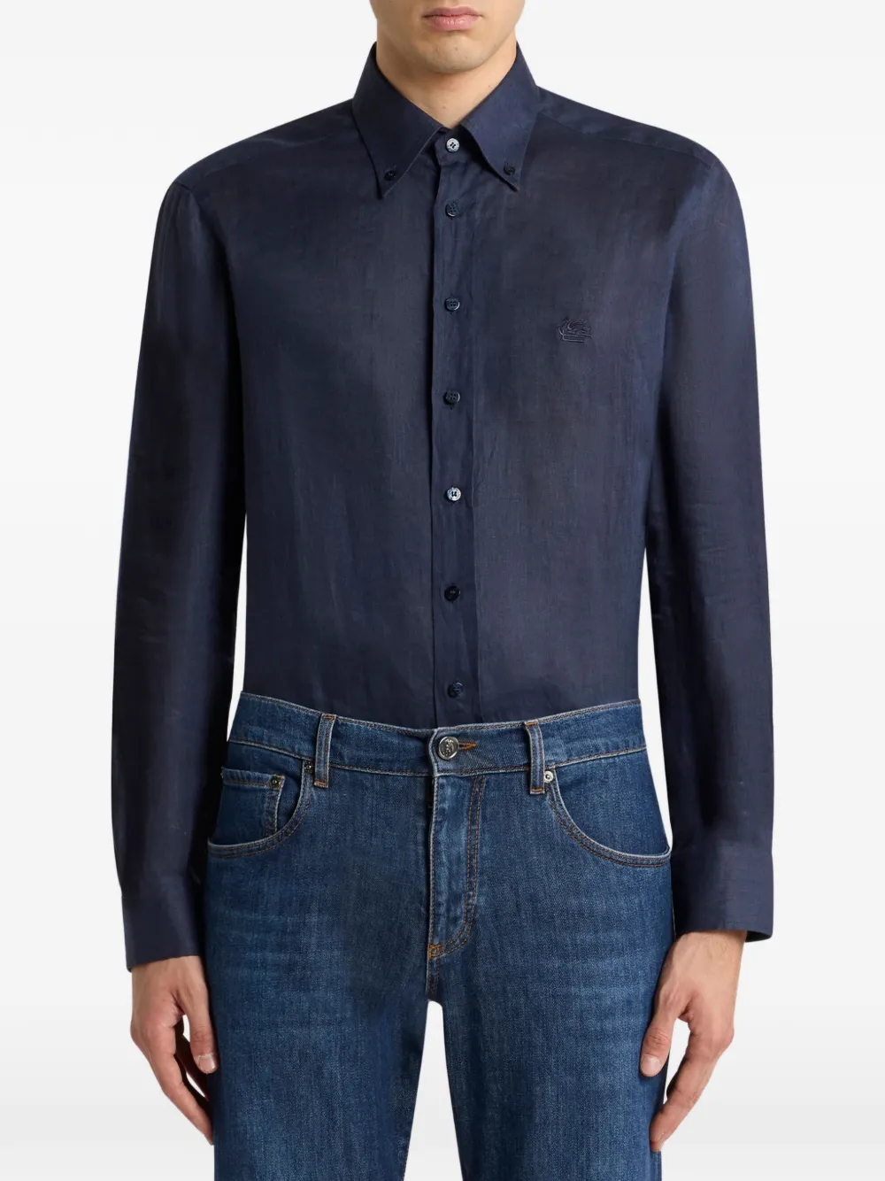 ETRO Pegaso-embroidered linen shirt - Blauw