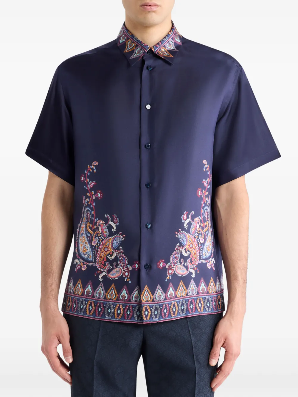 ETRO Zijden overhemd met korte mouwen en print Blauw