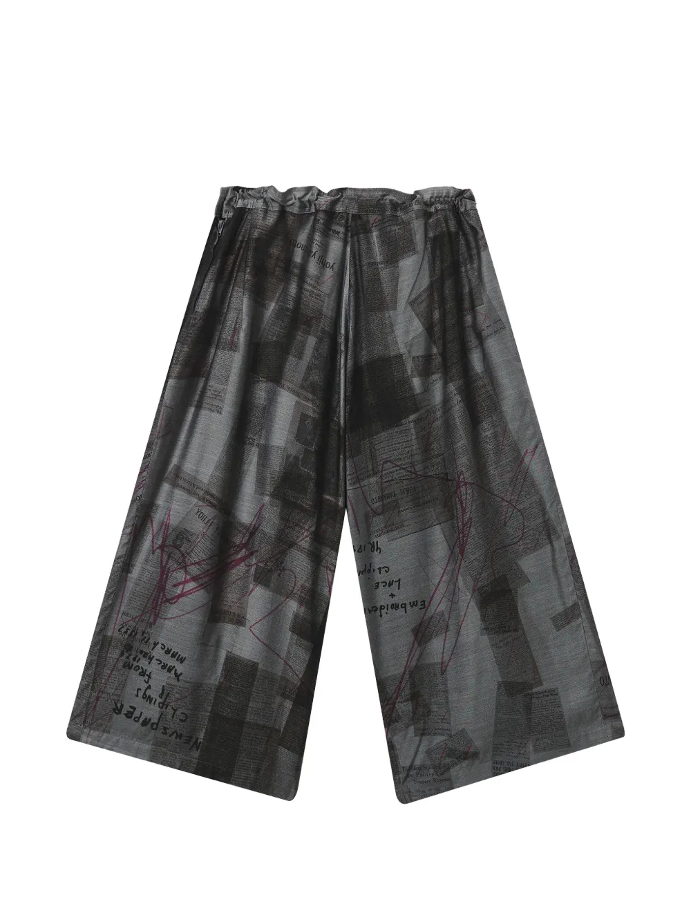 newspaper-print wide-leg trousers