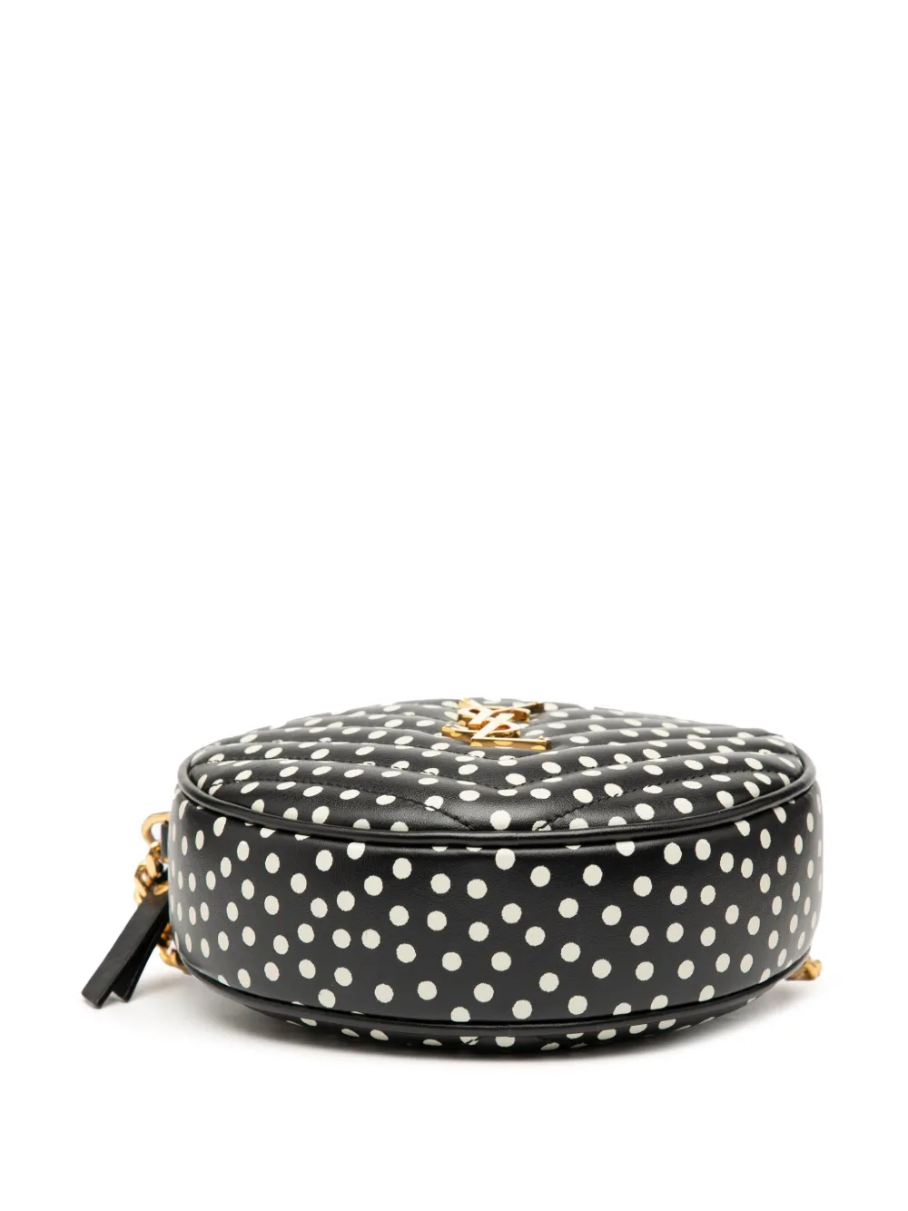 Pre-owned Saint Laurent 2020 Chevron Calfskin Round Vinyle Polka Dot Crossbody Bag In Black
