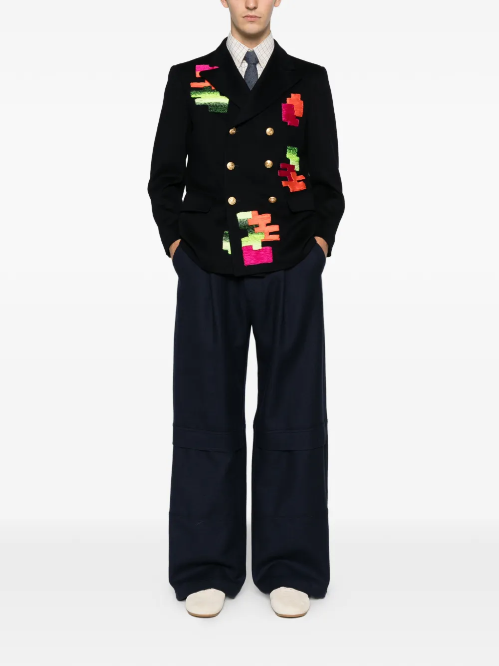 Pre-owned A.n.g.e.l.o. Vintage Upcycling Double-breasted Embroidered Blazer In Blue