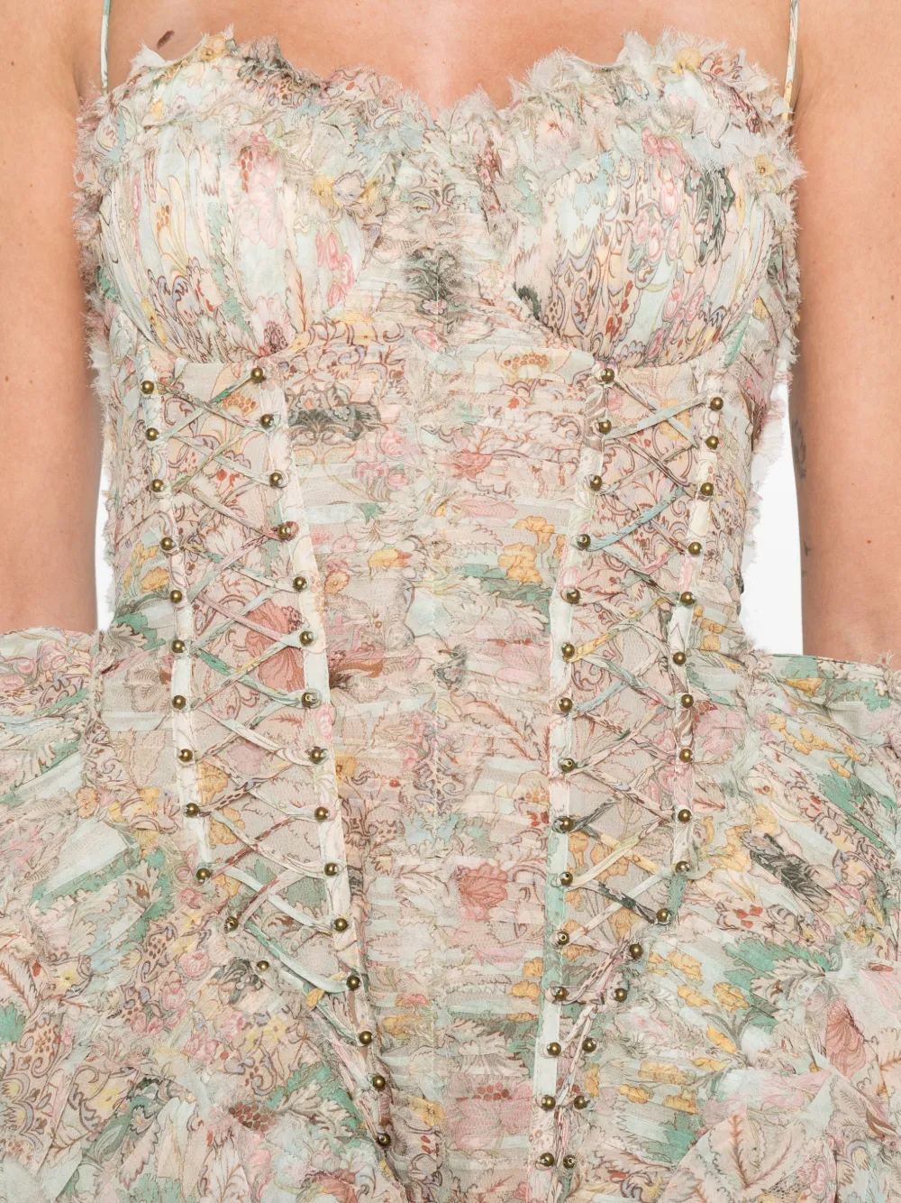 Zimmermann Ruffled Lace-up Mini Dress In Multi