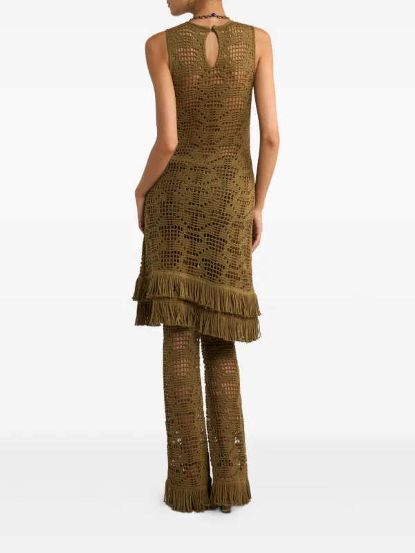 ETRO Crochet Effect Cotton Knee Length Dress With Fringing | Green