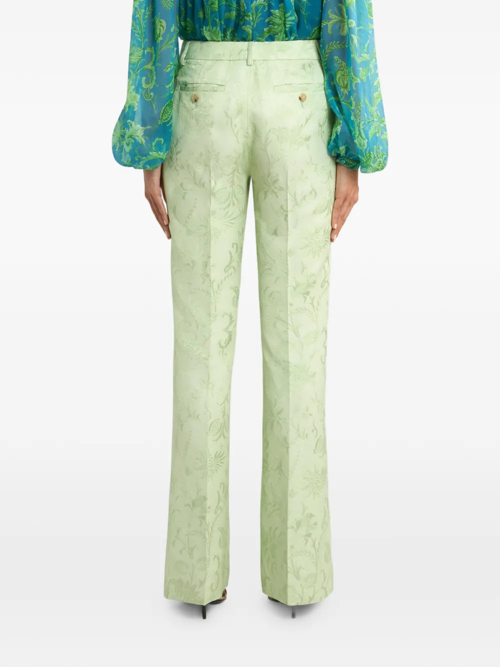 Etro Jacquard Bootcut Trousers With Floral Motif In Green