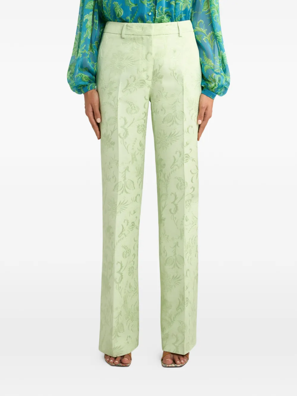 Etro Jacquard Bootcut Trousers With Floral Motif In Green