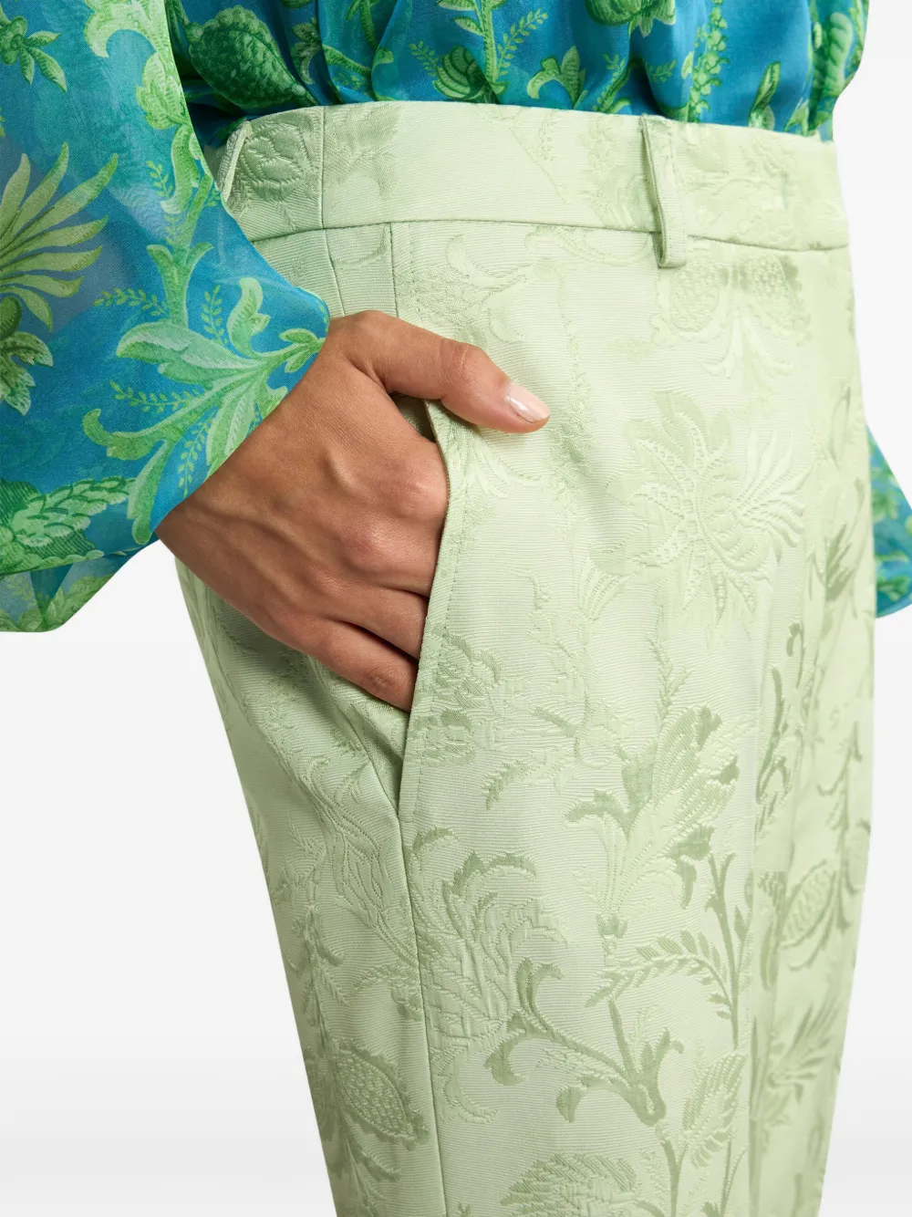 Etro Jacquard Bootcut Trousers With Floral Motif In Green
