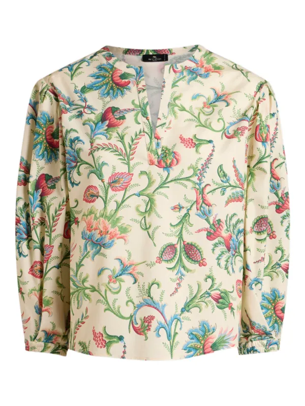 Etro Cotton Blouse with Floral Motif in Neutrals