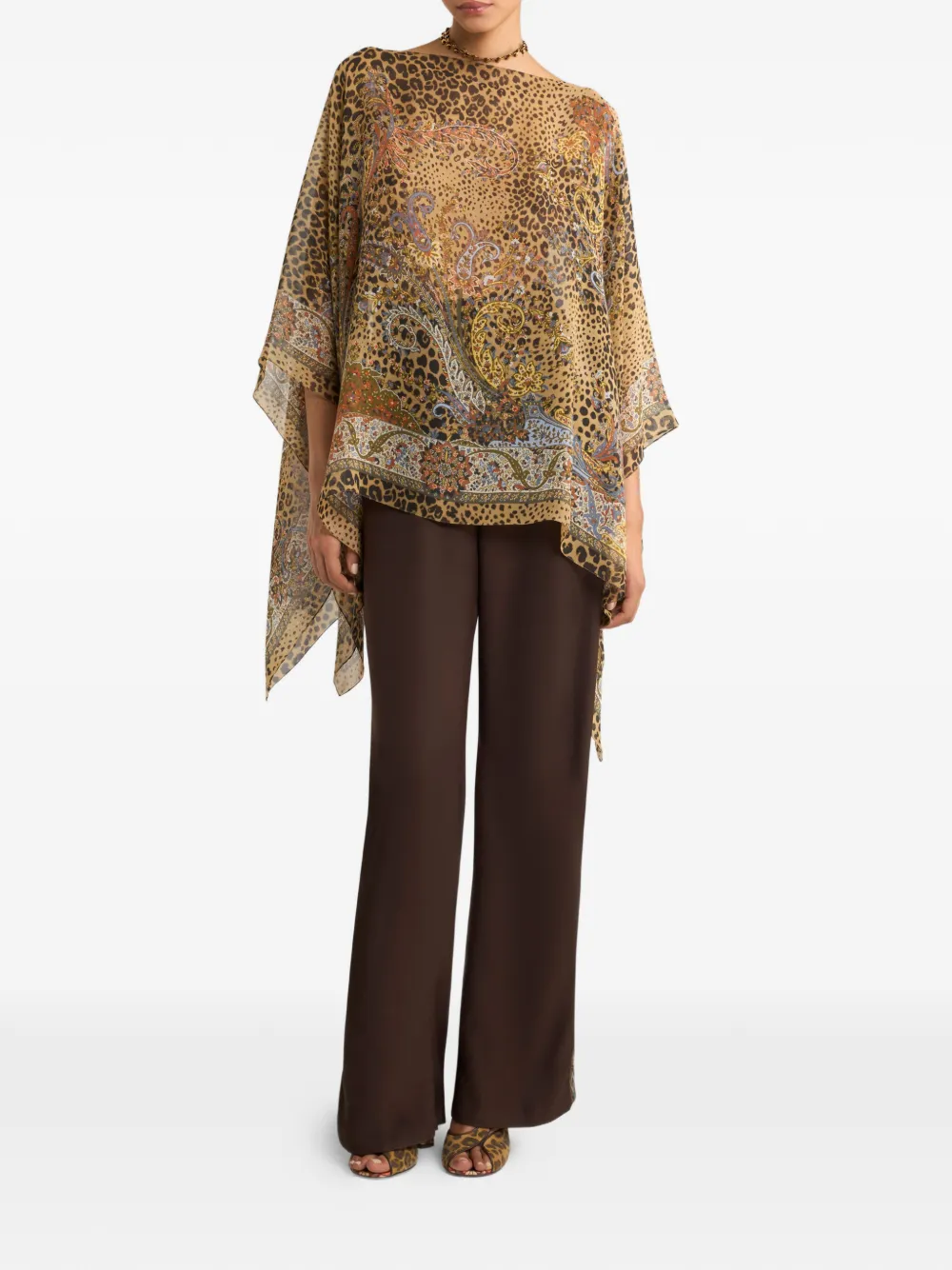 ETRO paisley-motif animal-print silk poncho Bruin