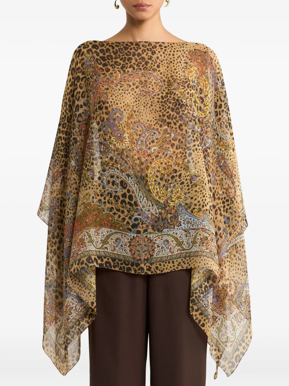 ETRO paisley-motif animal-print silk poncho Bruin