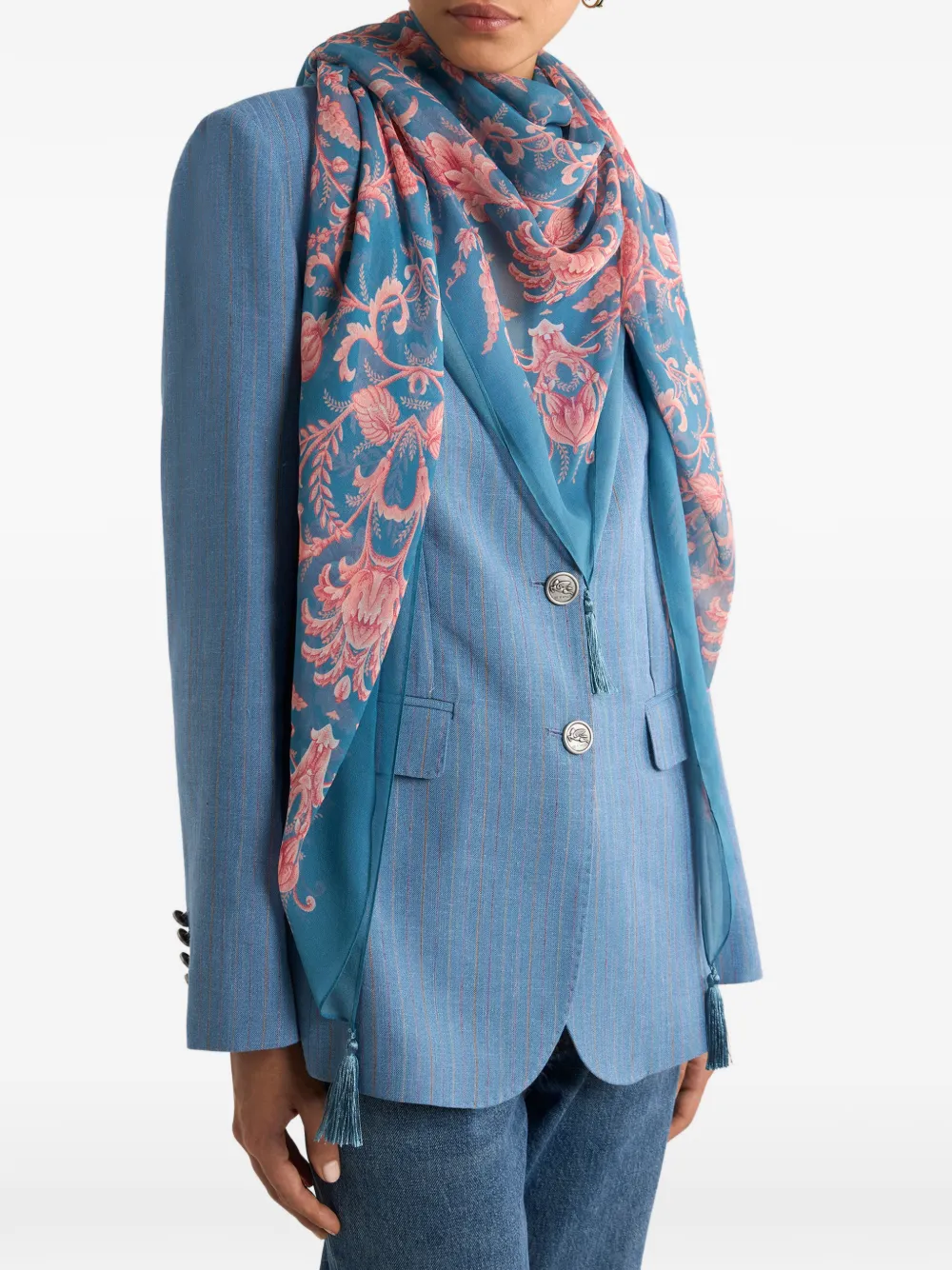  Etro Floral Tassel Silk Shawl - Blue 