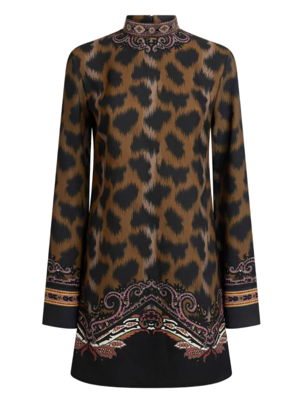 Etro Mini Tunic Dress in Envers Satin with Animal Motif in Brown