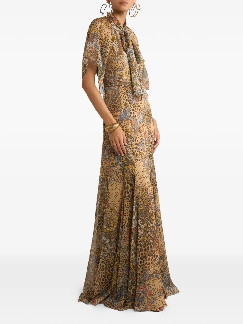 ETRO Lange zijden jurk met paisley- en dierenpatroon Beige