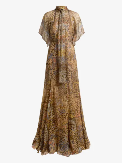 ETRO long silk dress with silk scarf and Paisley and animal motif