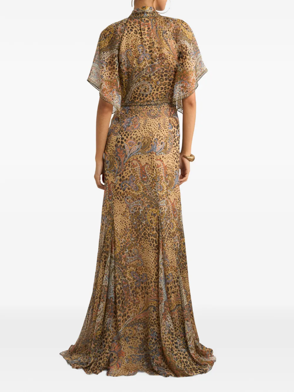 ETRO Lange zijden jurk met paisley- en dierenpatroon Beige
