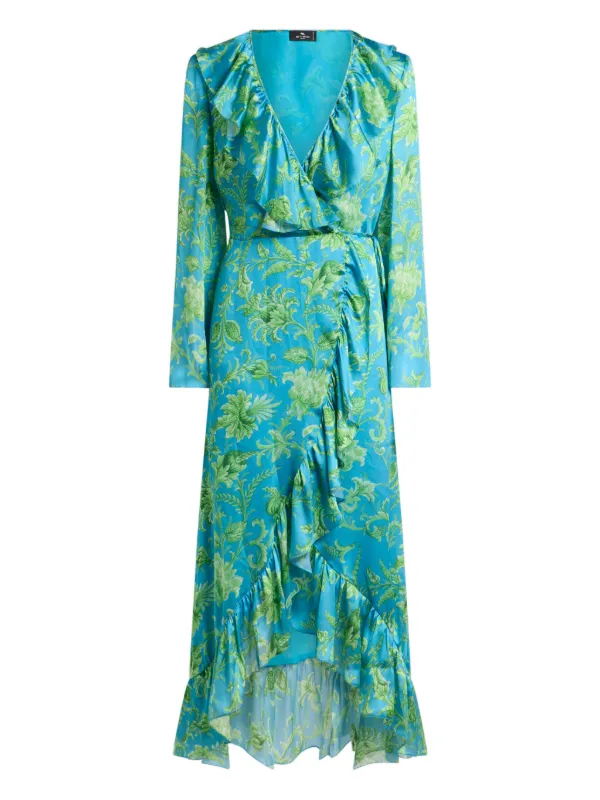 Etro Peau D'ange Silk Long Wrap Dress with Floral Motif in Blue