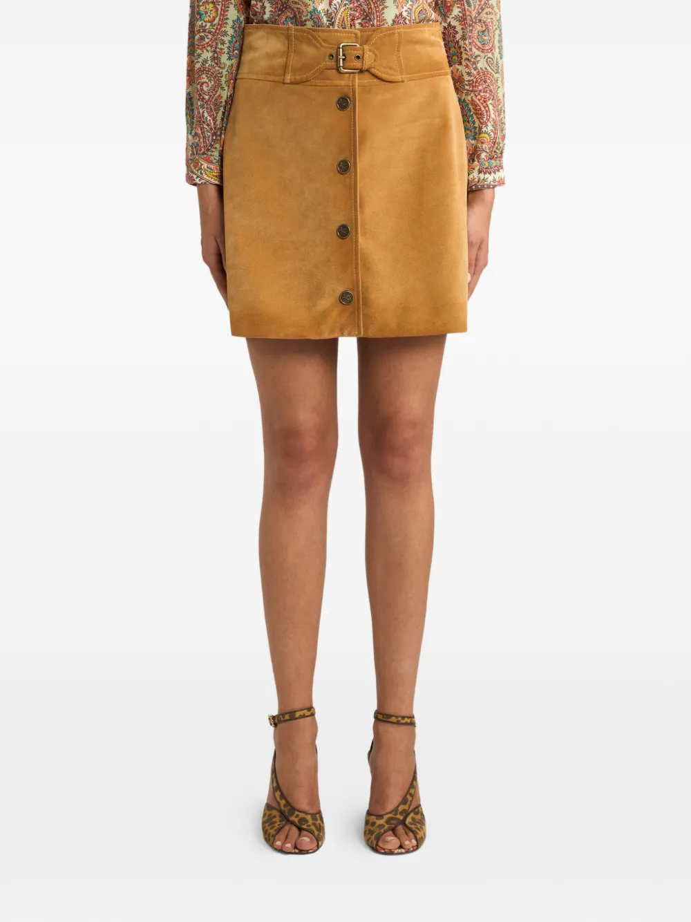  Etro Buckle Button Suede Mini Skirt - Brown 