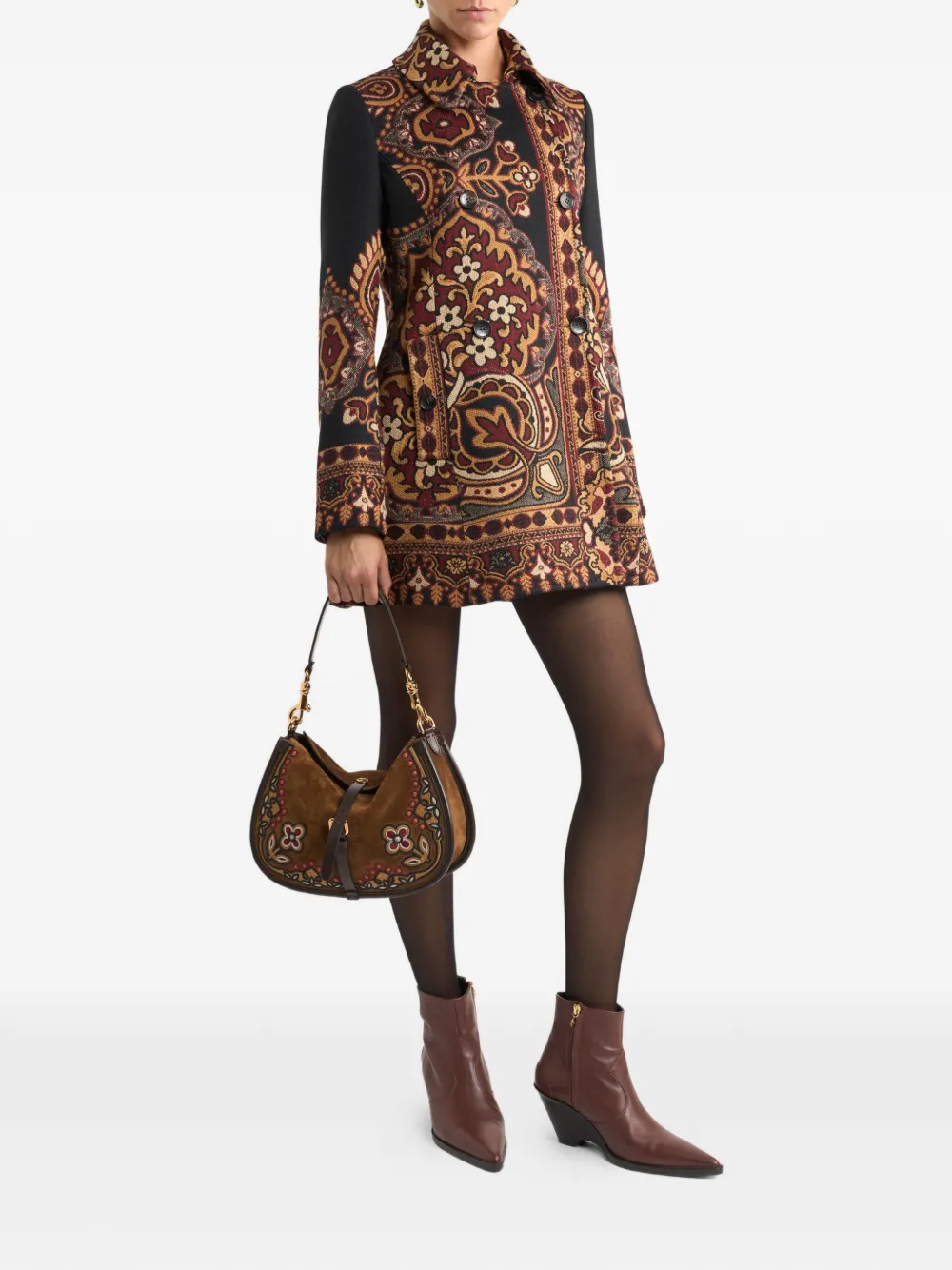 ETRO double-breasted floral jacquard coat Zwart