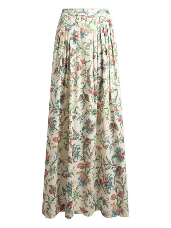 Etro Pleated Cotton Maxi Skirt with Floral Motif in Neutrals