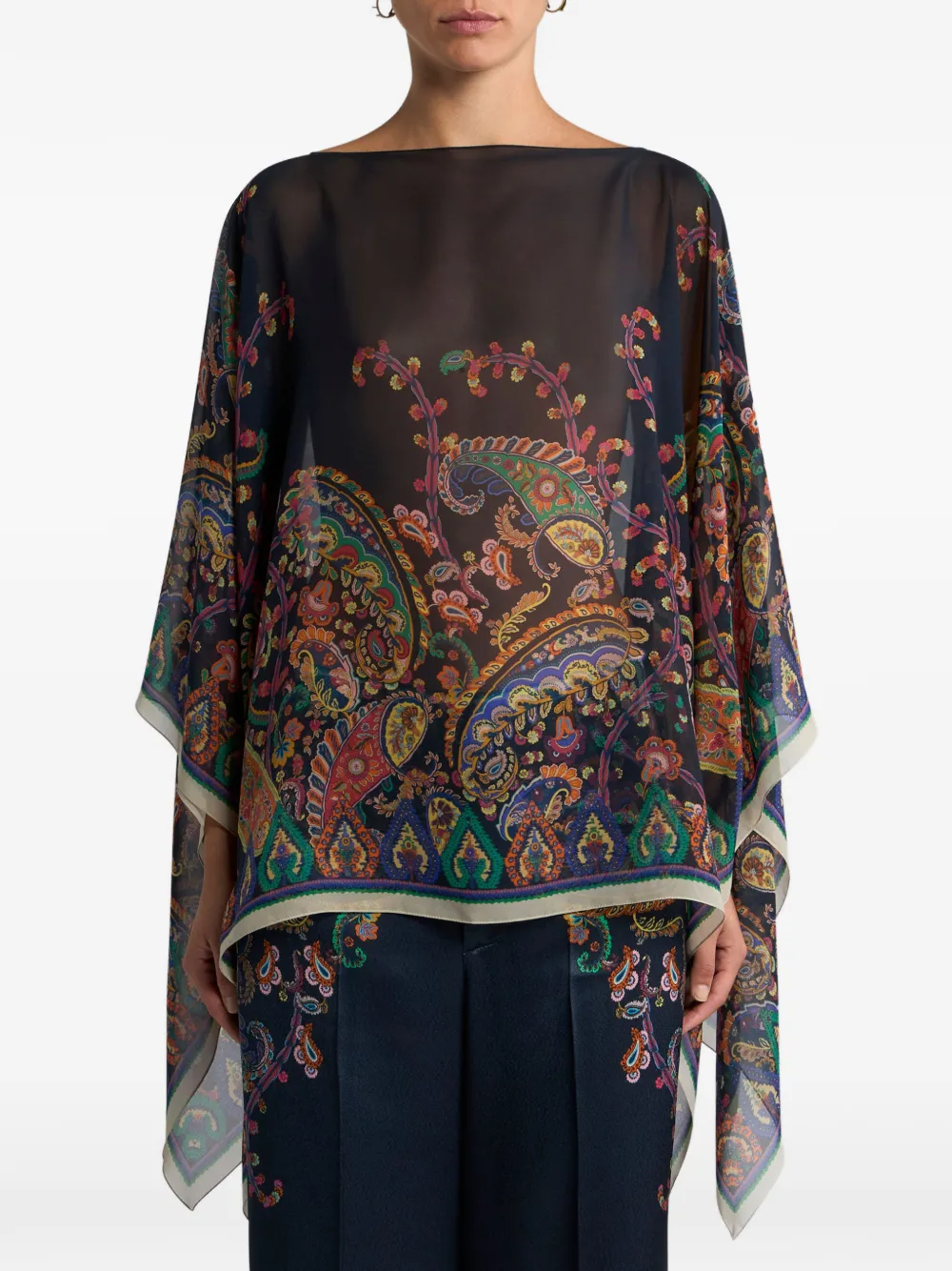Etro Floral Paisley-print Silk Poncho In Black