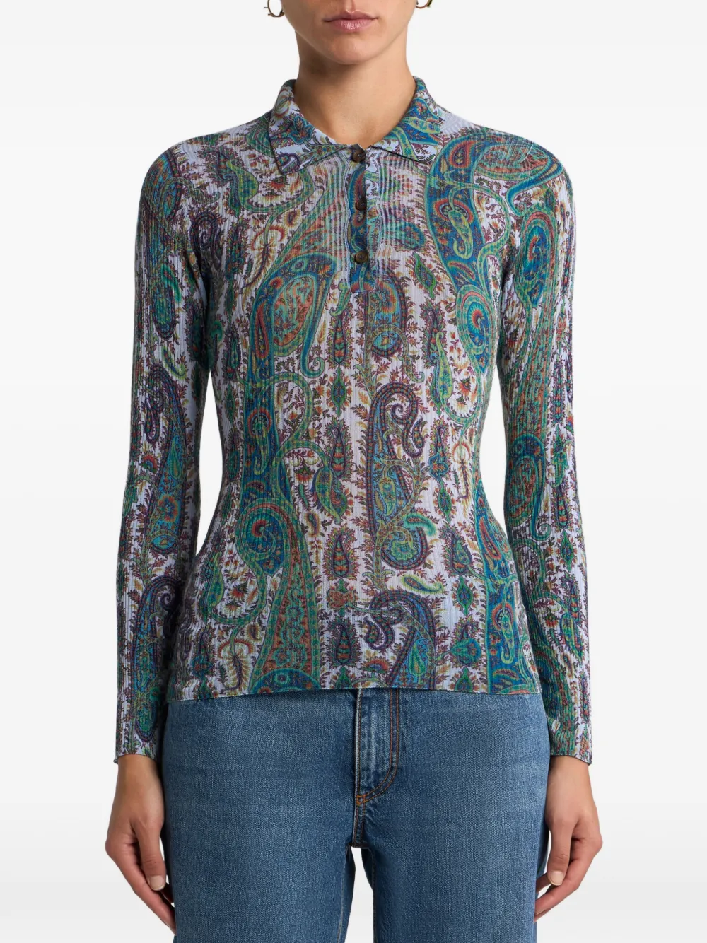 ETRO ribbed leafy paisley polo top - Groen