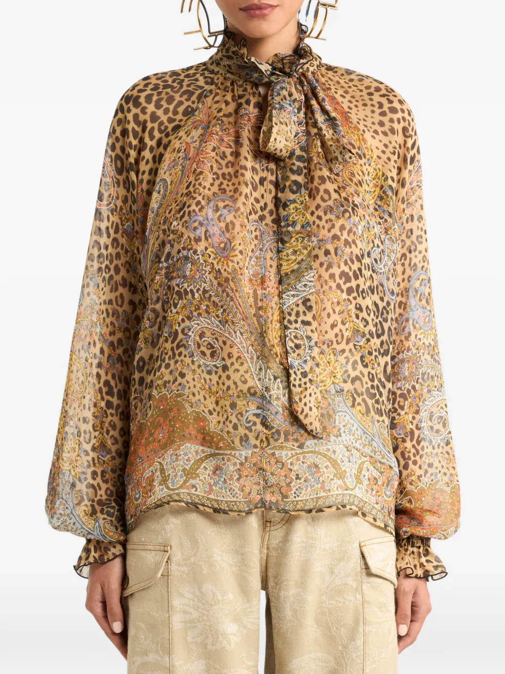  Etro Scarf Paisley Animal Silk Top - Neutrals 