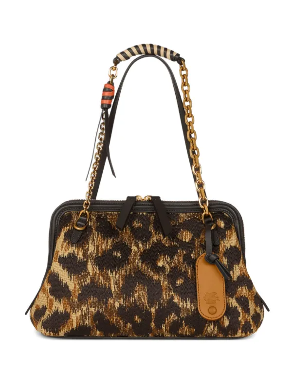Etro Small Raffia Doc Bag with Animal Embroidery in Brown