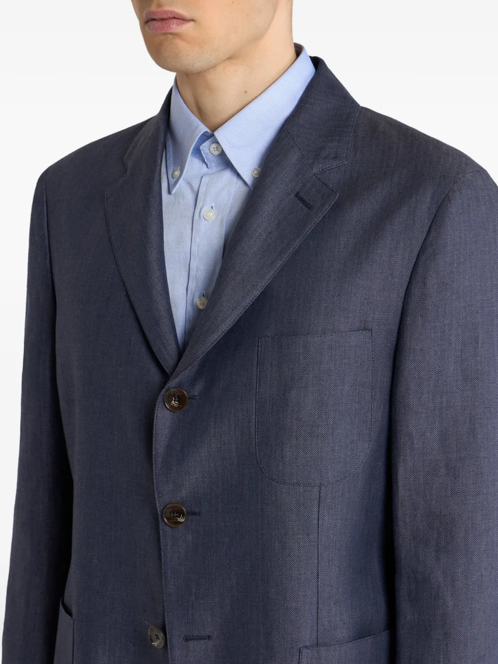 ETRO Linnen jack met enkele rij knopen en chevron streep Blauw
