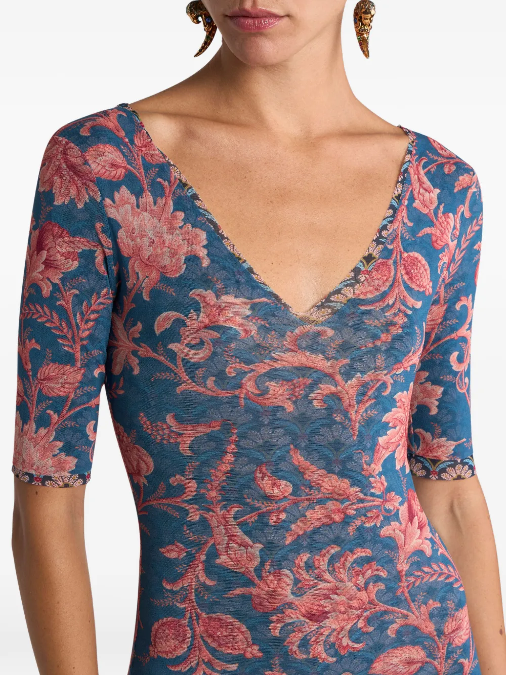 Etro Floral-motif Tulle Midi Dress In Blue