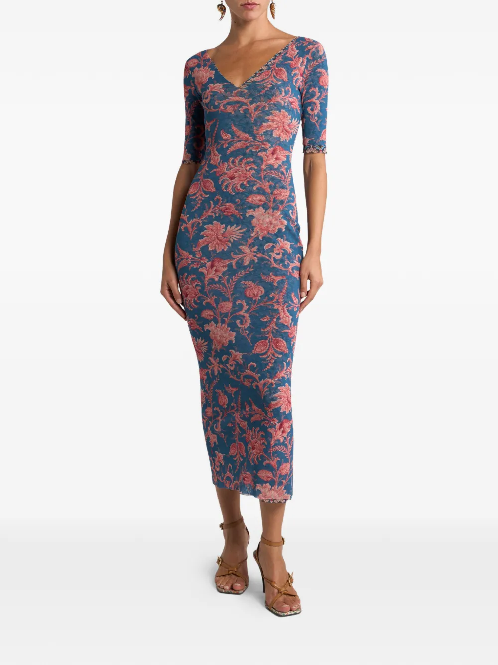 Etro Floral-motif Tulle Midi Dress In Blue