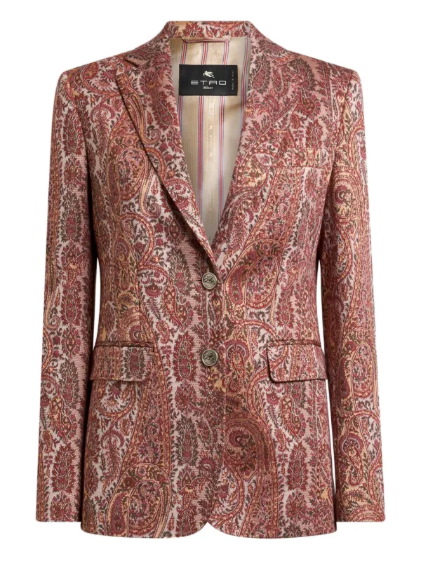 Etro Single-breasted Cotton-blend Jacquard Jacket with Paisley Foliage Motif in Red
