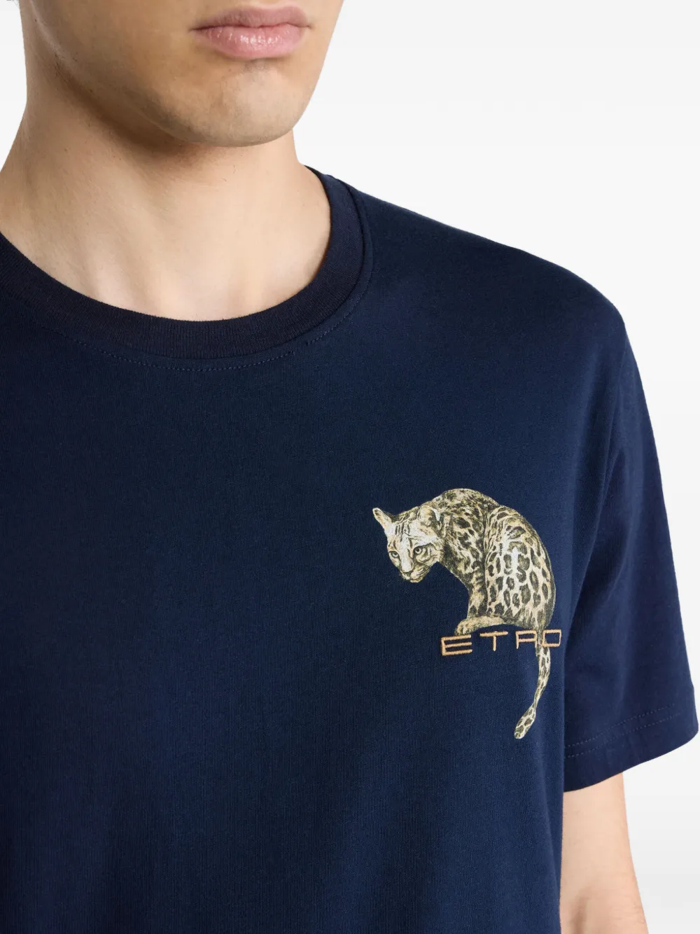 ETRO leopard print embroidery cotton t-shirt Blauw