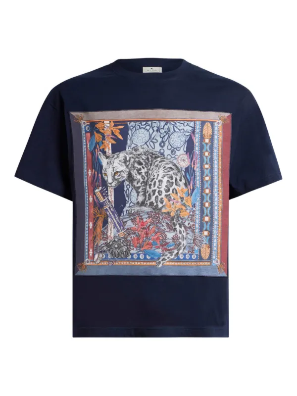 Etro Cotton T-shirt with Placed Leopard Print in Blue