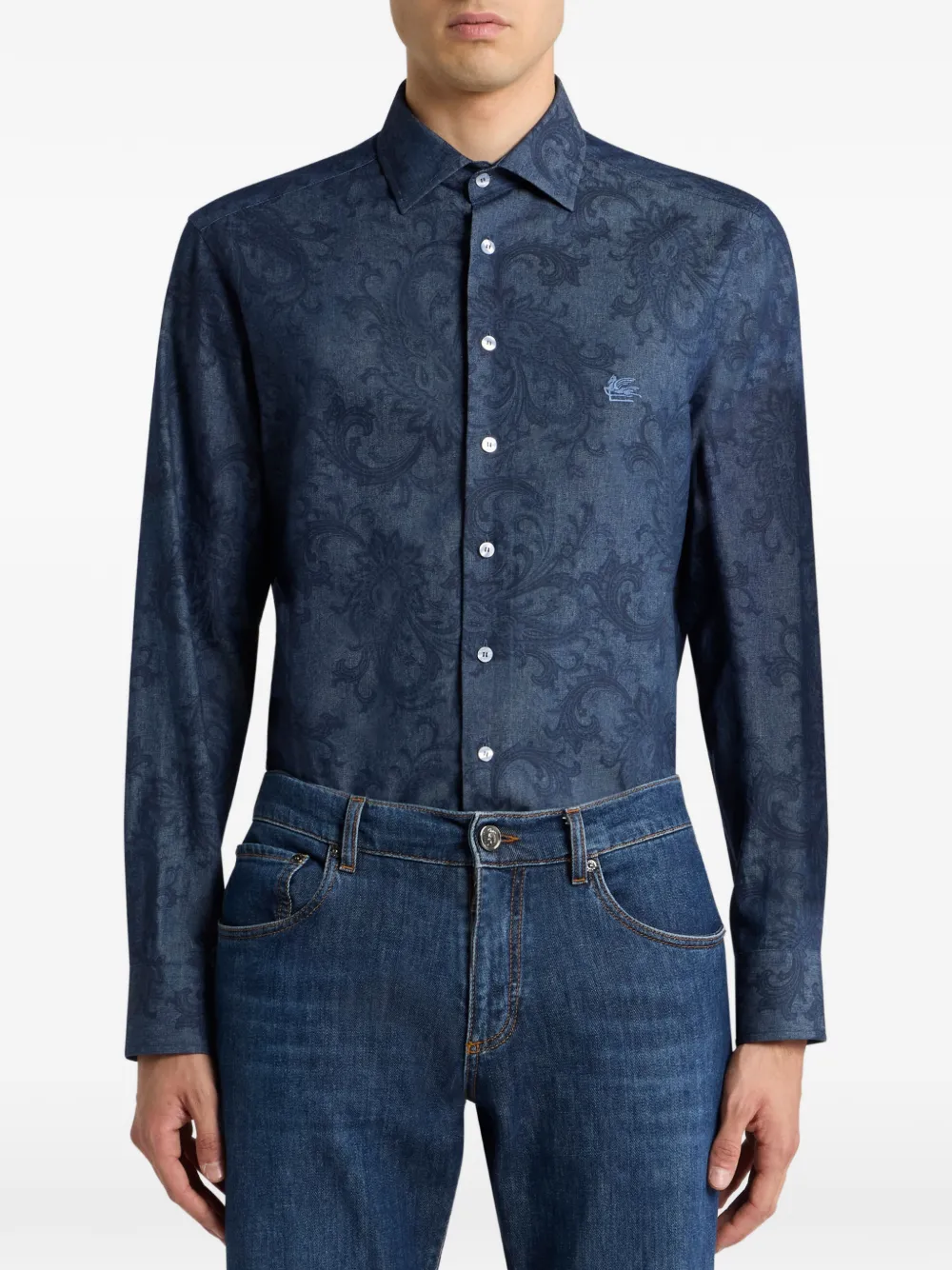 ETRO leafy paisley-motif denim shirt - Blauw