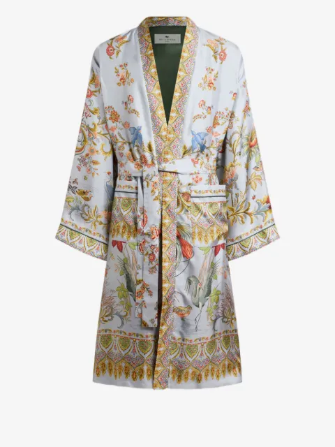 ETRO silk robe with placed flora and fauna print