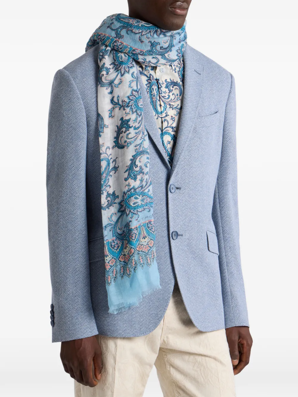 Etro Floral Paisley Linen-blend Scarf In Blue