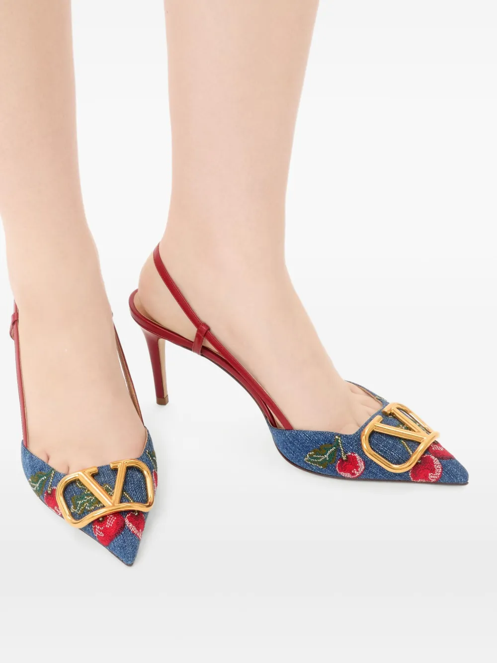 Valentino Garavani 80 mm slingback pumps met Cherryfic-borduurwerk Blauw