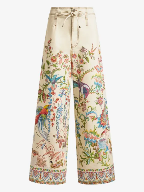 ETRO wide-leg jeans in bull denim with placed flora and fauna print 