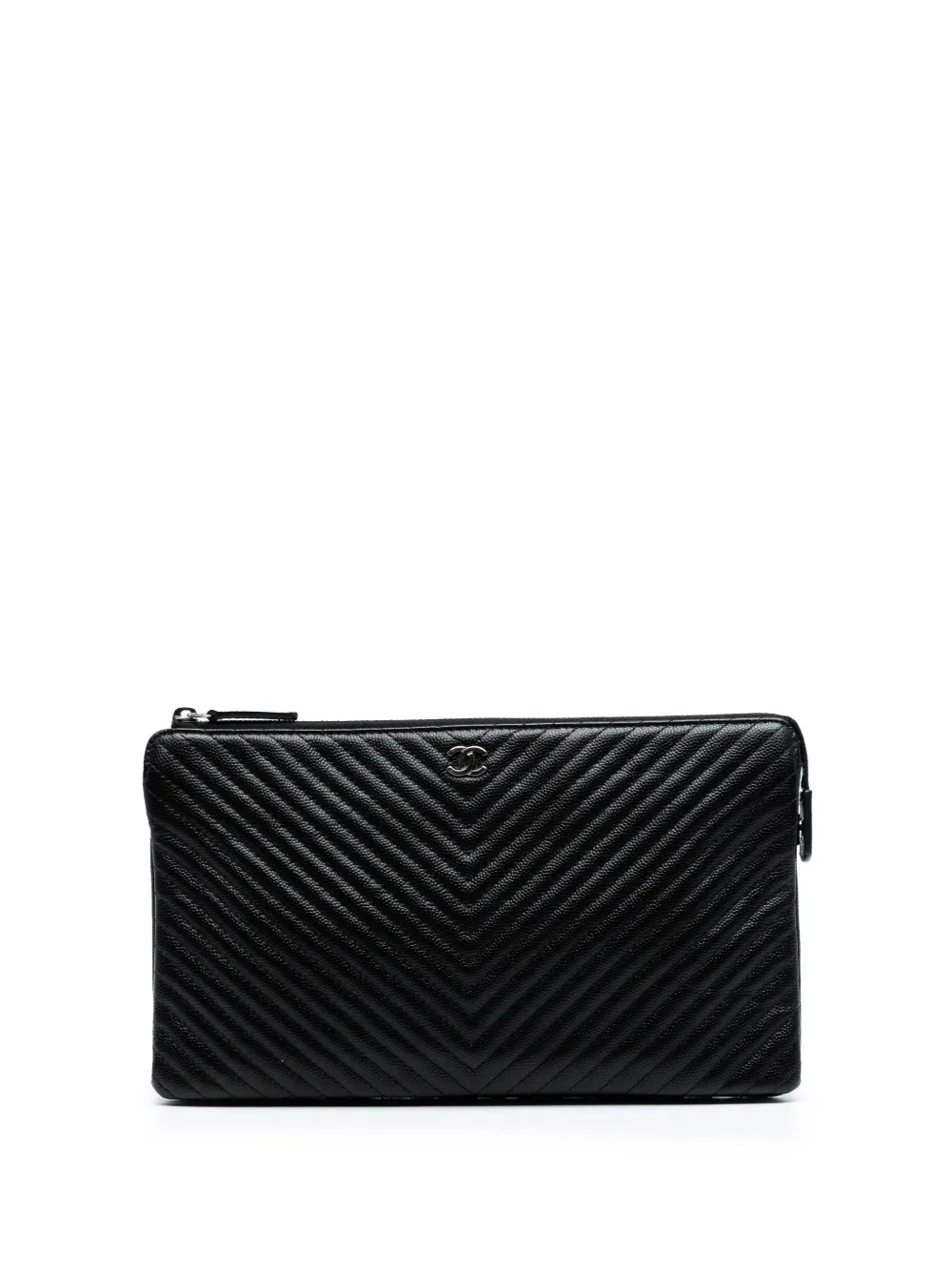 Pre-owned Chanel 2016-2017 Cc Chevron Caviar Zip Clutch Bag In Black