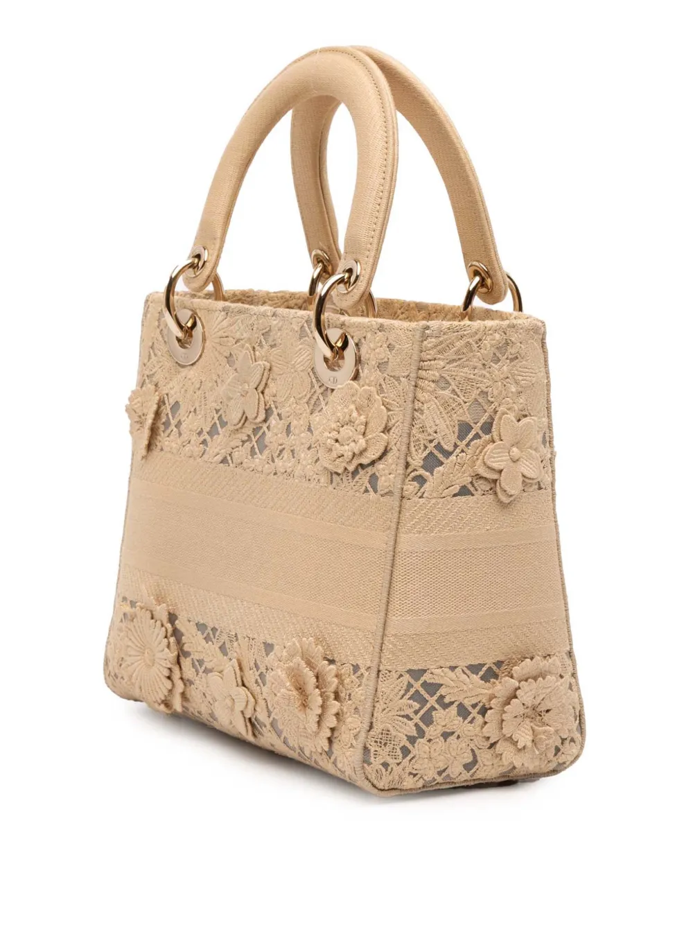Pre-owned Dior 2023 Medium Embroidered Lace 3d Macrame Lady D Lite Satchel In Brown
