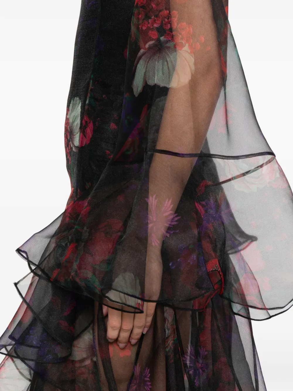 Miau By Clara Rotescu Ruffled Floral Maxi Dress In Black