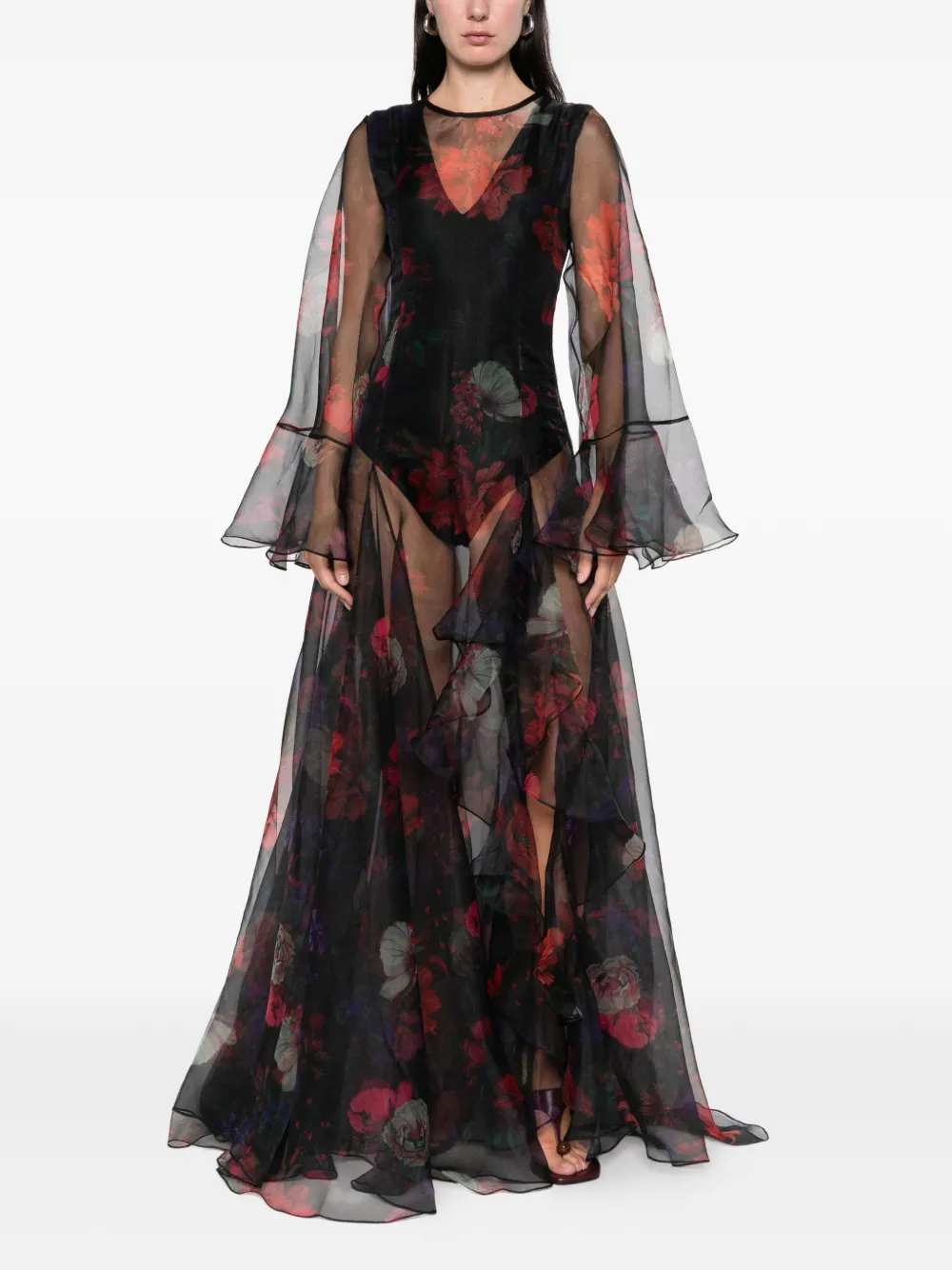 Miau By Clara Rotescu Ruffled Floral Maxi Dress In Black