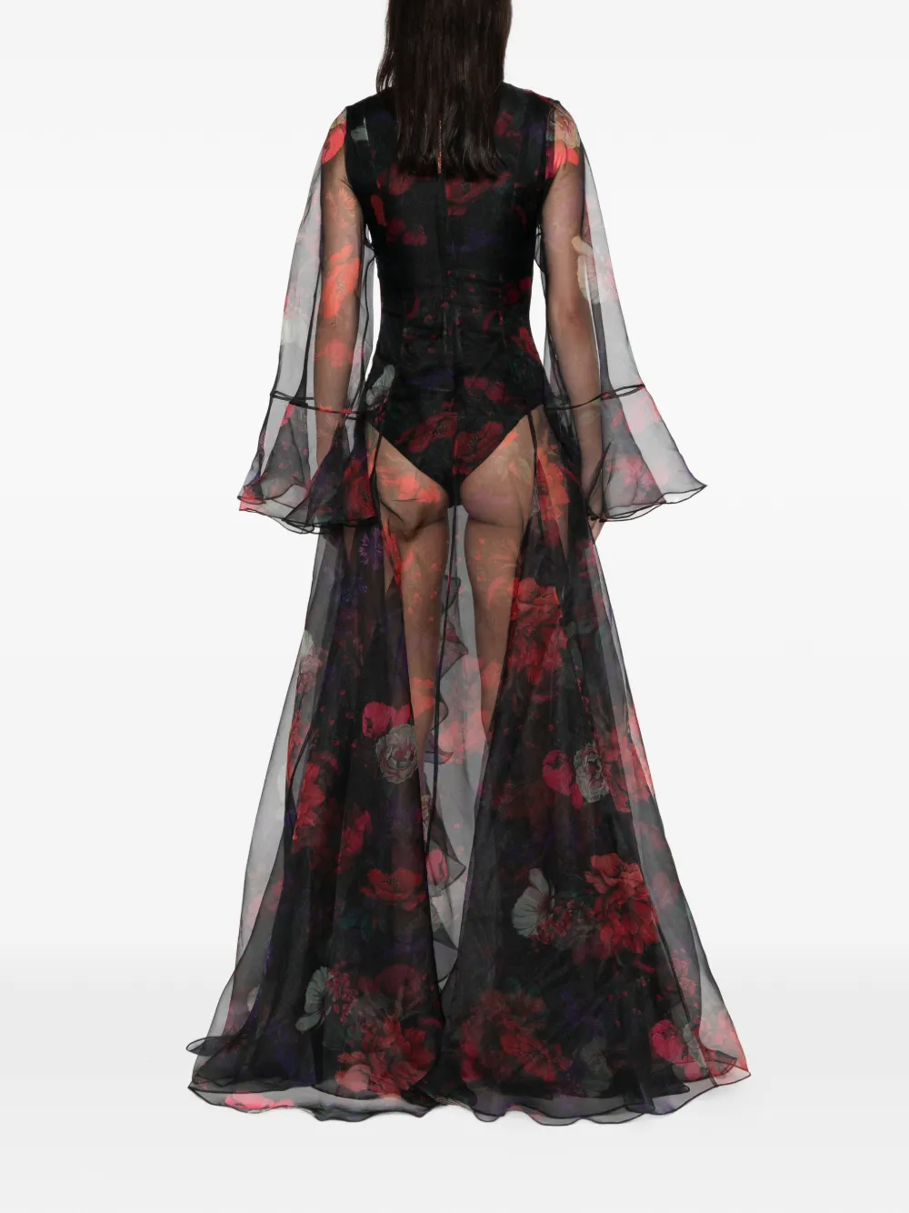 Miau By Clara Rotescu Ruffled Floral Maxi Dress In Black