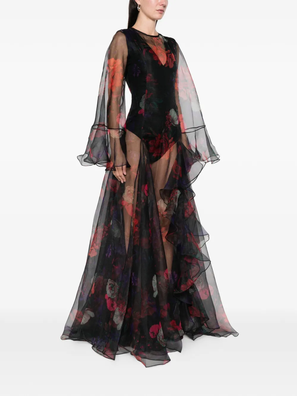 Miau By Clara Rotescu Ruffled Floral Maxi Dress In Black