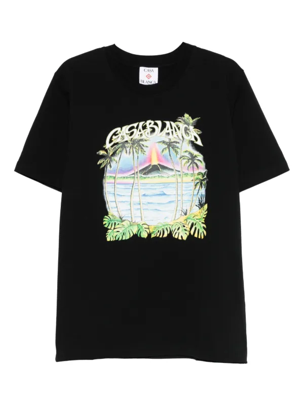 Casablanca Volcano palm-tree Tropical Print T-shirt | Black | FARFETCH