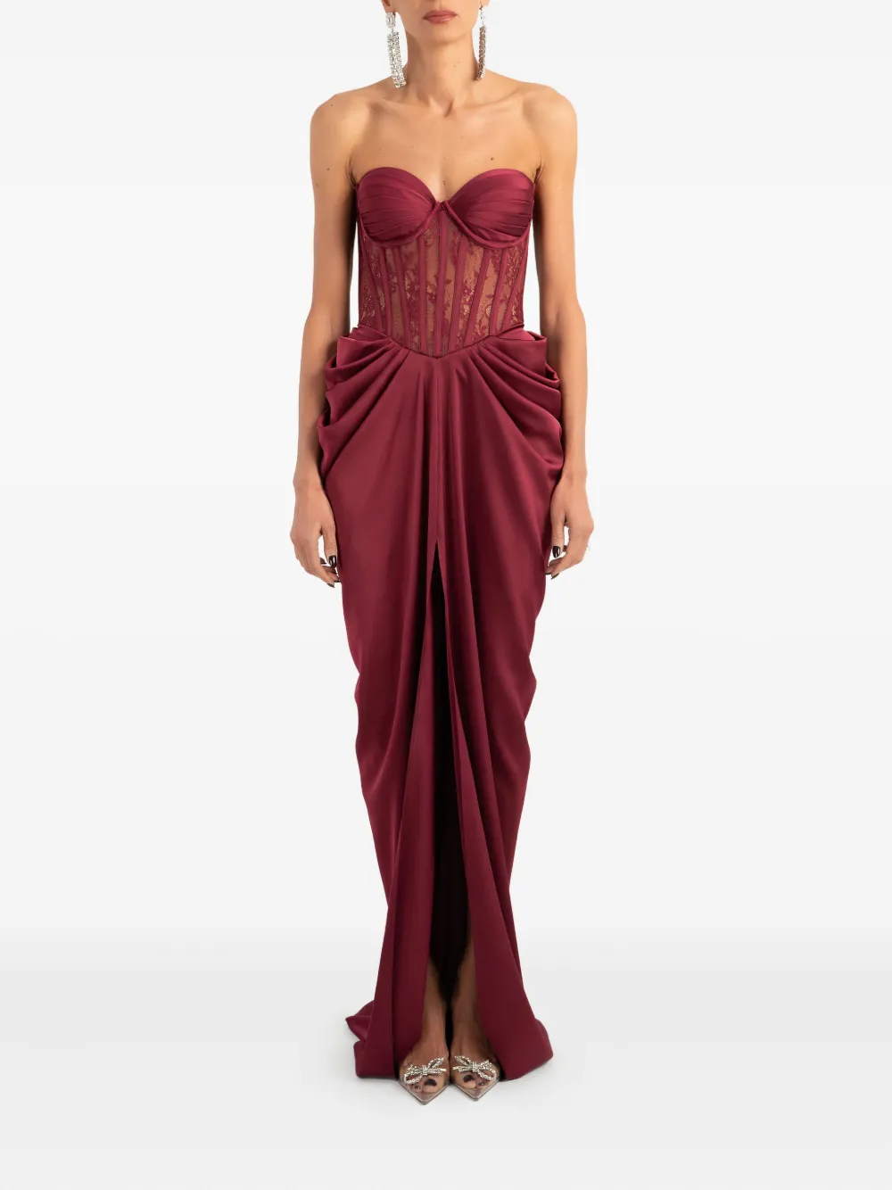 Ana Radu Lace-detailed Corset-style Maxi Dress In Burgundy