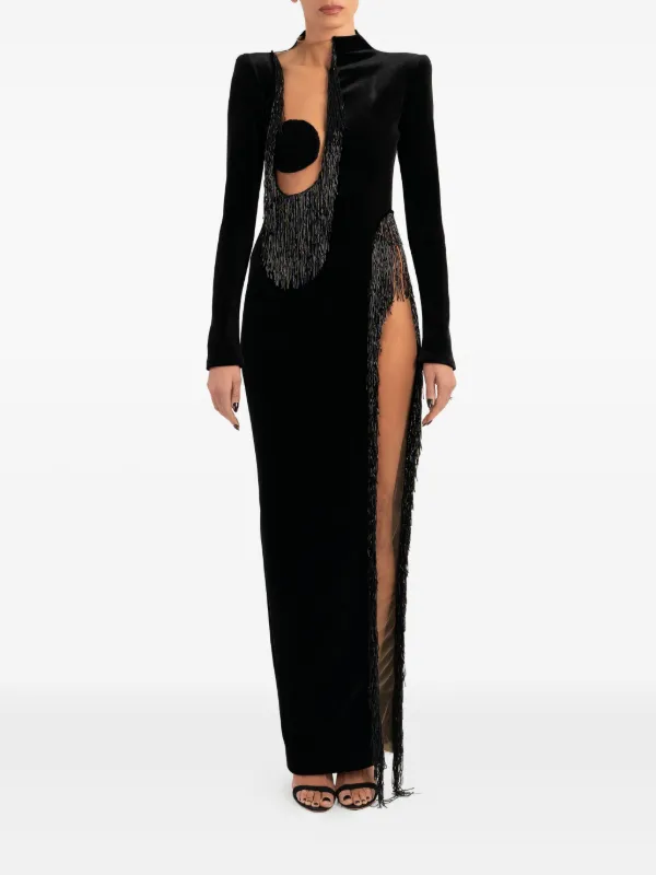 Ana Radu Fringe-Detailed Side-Slit Maxi Dress - Black