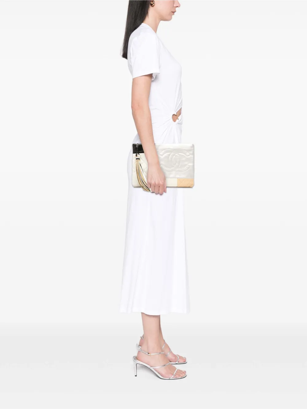 Pre-owned Chanel 2016-2017 Medium Lambskin Colorblock Patchwork O Case Clutch Bag In White