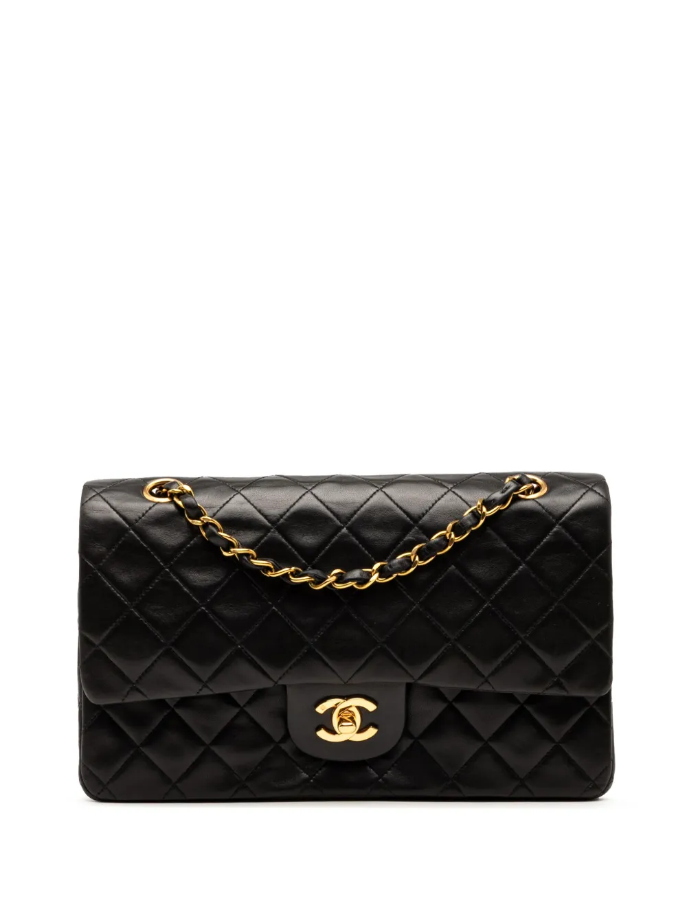 Pre-owned Chanel 1994-1996 Medium Classic Lambskin Double Flap Shoulder Bag In Black