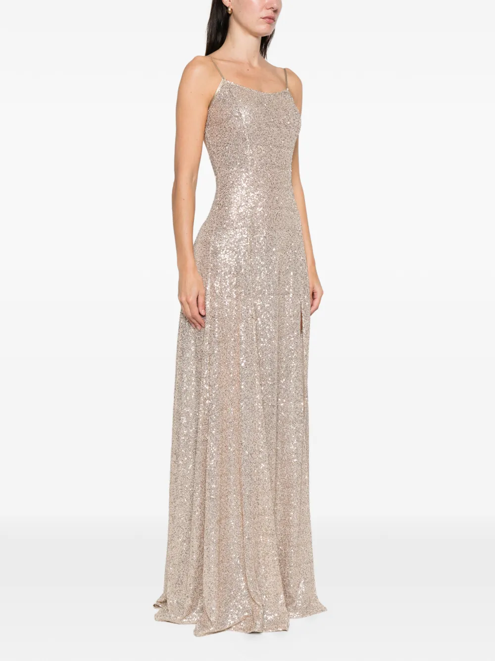 Miau By Clara Rotescu Kaya Sequin-embellished Front-slit Gown In Neutral